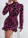 Chic and Classy: Allover Print Mock Neck Dress with Flounce Sleeves and Ruffle Hem