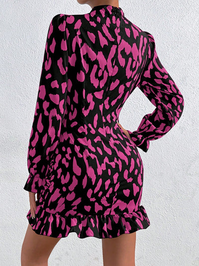 Chic and Classy: Allover Print Mock Neck Dress with Flounce Sleeves and Ruffle Hem