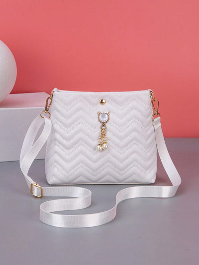 Chic Faux Pearl Crossbody Bag with Adjustable Strap & Stylish Car Stitching