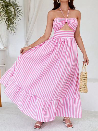 Summertime Dream: Sleeveless Striped Floral Vacation Dress with Neck Hanging Design