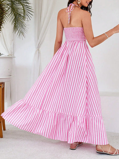 Summertime Dream: Sleeveless Striped Floral Vacation Dress with Neck Hanging Design