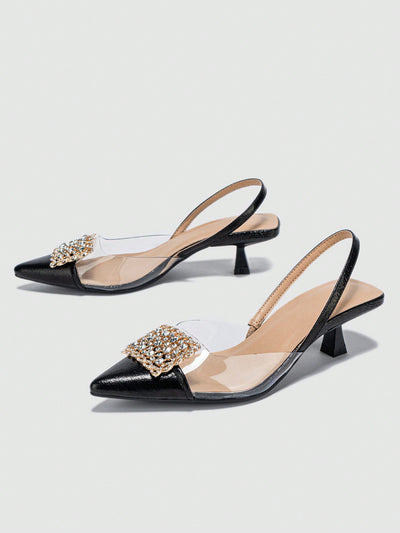 Elegant Rhinestone & Metal Buckle Stiletto Heels with Cat-Shaped Back Strap - Perfect for Parties & Dates