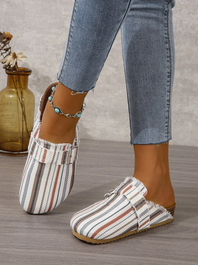 Step up Your Style Game with Square Buckle Striped Women's Flat Shoes