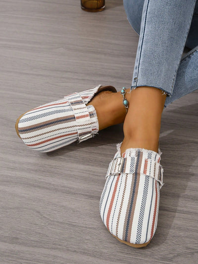 Step up Your Style Game with Square Buckle Striped Women's Flat Shoes