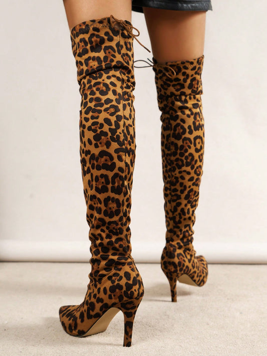 Leopard Chic: Stylish Knee-High Chunky Heel Boots for Women - Perfect for Autumn/Winter