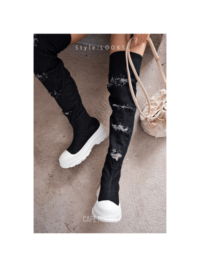 Step Up Your Style with Chunky Sole Thigh High Denim Sneakers