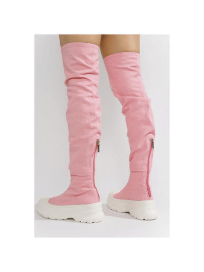 Step Up Your Style with Chunky Sole Thigh High Denim Sneakers