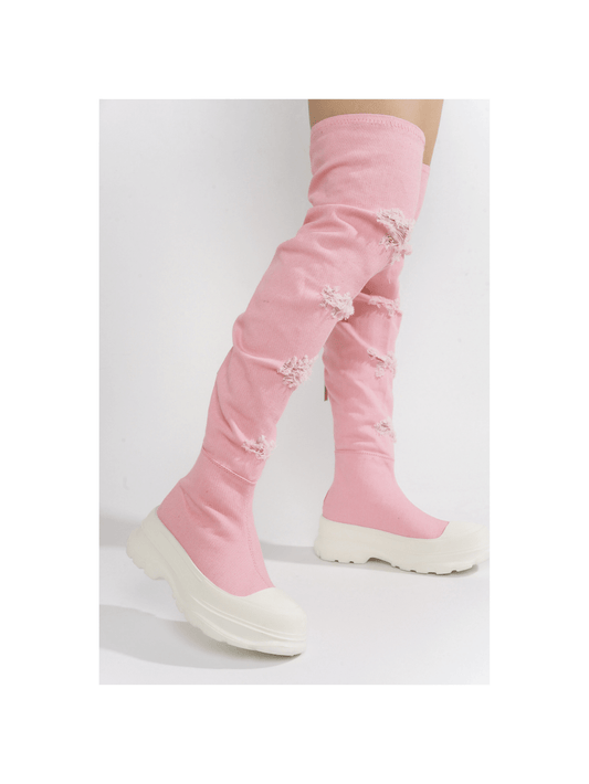 Upgrade your fashion game with our Chunky Sole Thigh High Denim Sneakers. These statement shoes combine trendsetting chunky soles with thigh-high denim for a unique and stylish look. Elevate any outfit and make a bold fashion statement with these must-have sneakers.