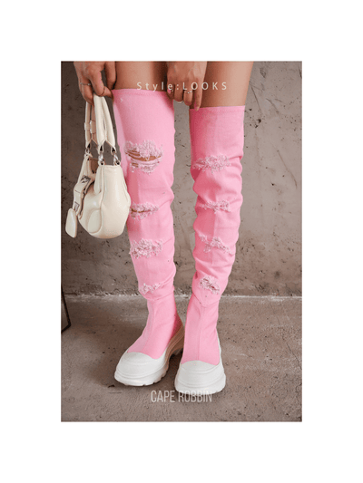 Step Up Your Style with Chunky Sole Thigh High Denim Sneakers
