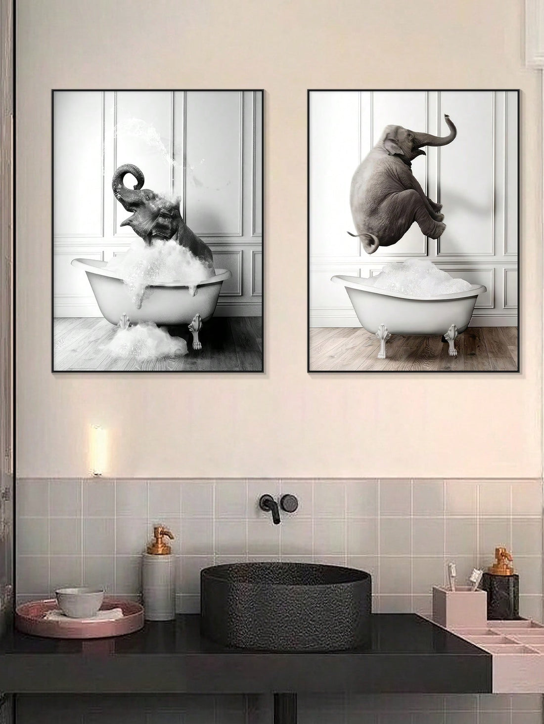 Elevate your bathroom decor with our Adorable Animal Bathtub Decor Set. Each print features a charming animal, adding a touch of creativity to your walls. Made from high-quality materials, these prints are durable and long-lasting. Create a fun and inviting atmosphere with these unique pieces.