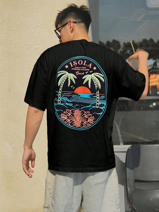 Summer Vibes: Men's Cotton Palm Tree Print Drop Shoulder Tee