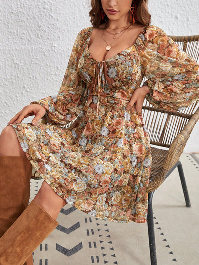 Chic Floral Cinched Waist Midi Dress for Effortless Winter Elegance