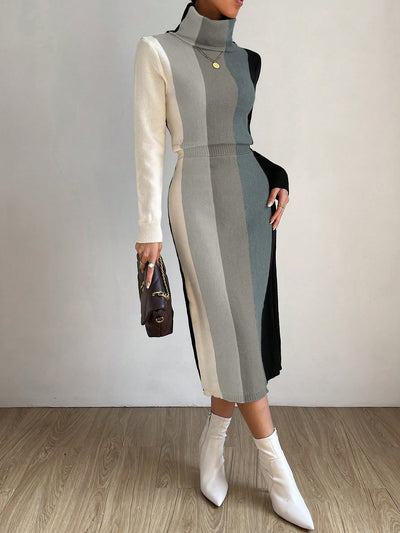 Cozy Chic: Color Block Turtleneck Sweater Dress