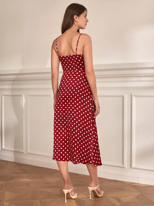 Chic Frenchy Polka Dot Tie-Front Cami Dress with Trendy Thigh Split