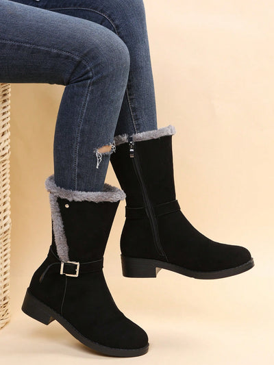 Cozy Chic: Women's Buckle Detail Thick Heel Ankle Boots for Winter Style