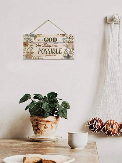 Slogan "With God All Things Are Possible" Wooden Hanging Wall Sign - Home Decor Plaque