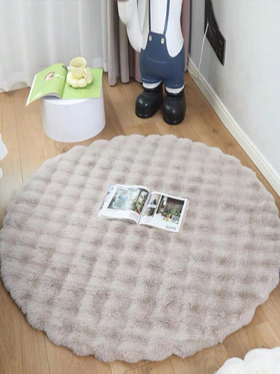 Soft and Fluffy Beige Bubble Velvet Round Carpet for Living Room, Bedroom, Kid's Room Decor - Simple Solid Color Floor Mat - Perfect for Bay Windows