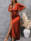 Fluttering Elegance: Plunging Neck Butterfly Sleeve Satin Dress