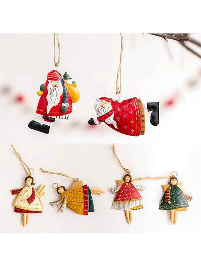 Charming Countryside Double-Sided Metal Christmas Tree Ornaments - Set of 4 Santa Claus Pendants