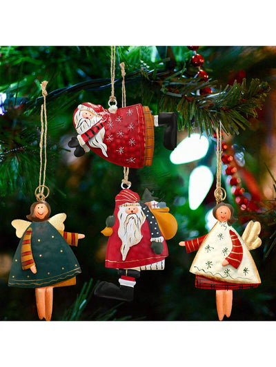 Charming Countryside Double-Sided Metal Christmas Tree Ornaments - Set of 4 Santa Claus Pendants