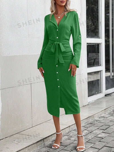 Belted Chic: Clasi Roll Tab Sleeve Shirt Dress