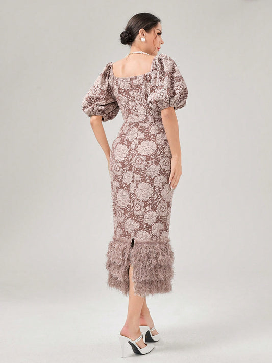 Chic Floral Puff Sleeve Dress with Fuzzy Hem – Perfect for a Flirty Spring Look