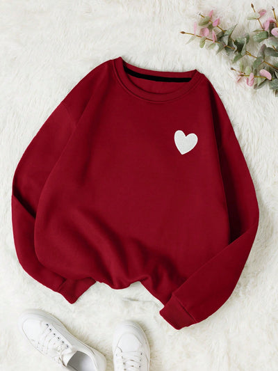 Sweetheart Sweater: Cozy up with Heart Print Casual Long Sleeve Drop Shoulder Sweatshirt