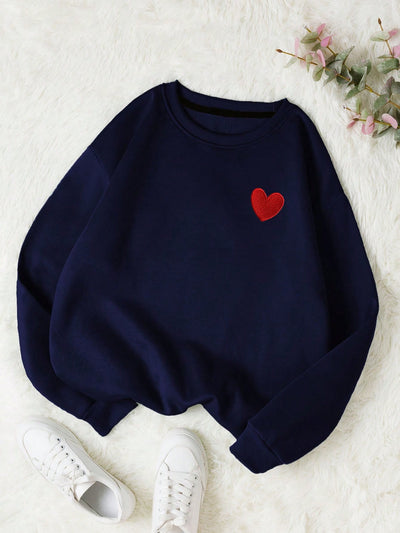 Sweetheart Sweater: Cozy up with Heart Print Casual Long Sleeve Drop Shoulder Sweatshirt