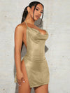 Sparkle and Shine: Collar Metallic Cami Dress with Slit Thigh and Backless Halter Neck