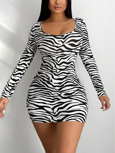 Zebra Striped Scoop Neck Bodycon Dress - Chic & Stylish Statement Piece