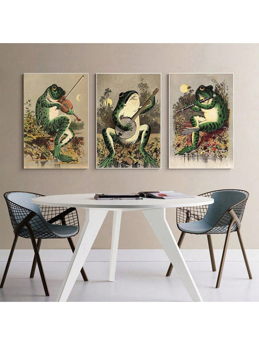 Funky Frog Print Trio - Vintage Wall Art Set for Home Decor