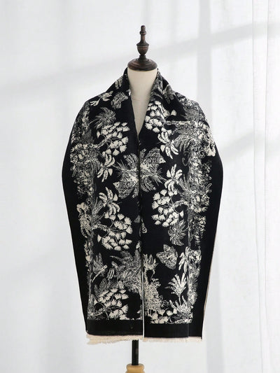 Cozy Black Floral Retro Tasseled Blanket Scarf: Perfect for Everyday Use