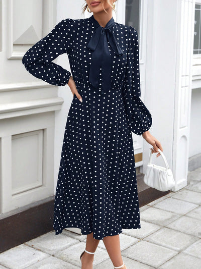 Chic Frenchy Polka Dot Tie-Neck A-Line Dress for Effortless Style