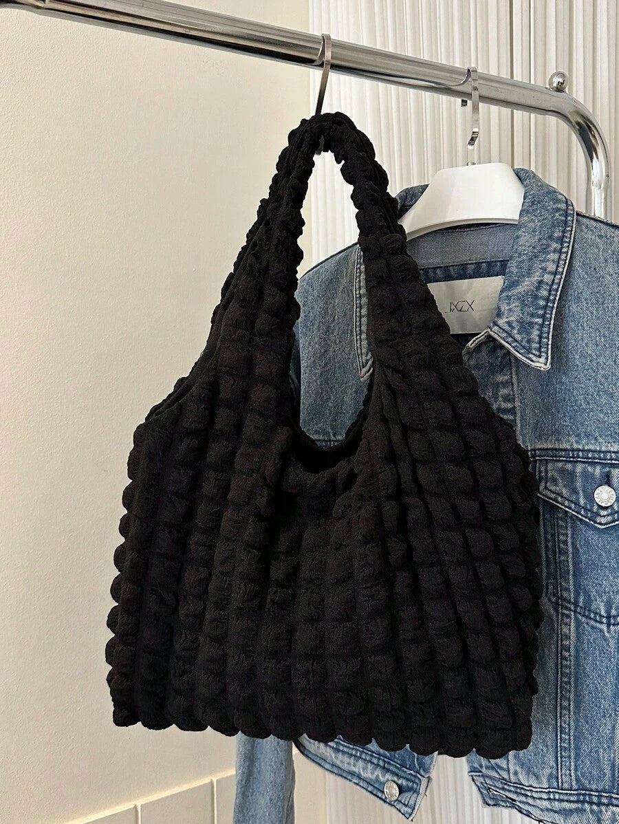 Close-up detail of Trendy Floral One-Shoulder Canvas Handbag for Female Students - Minimalist Cloud Bubble Design in Coffee Brown color