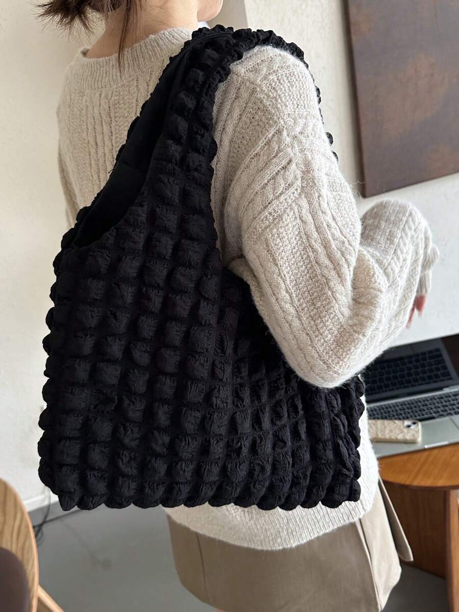 Front view of Trendy Floral One-Shoulder Canvas Handbag for Female Students - Minimalist Cloud Bubble Design in Black color