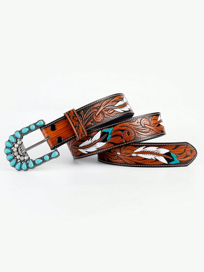 Boho Chic Feather-Embossed Western Leather Belt with Carved Flower Design