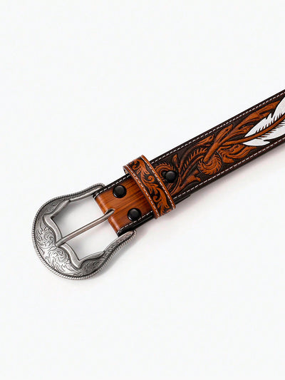 Boho Chic Feather-Embossed Western Leather Belt with Carved Flower Design