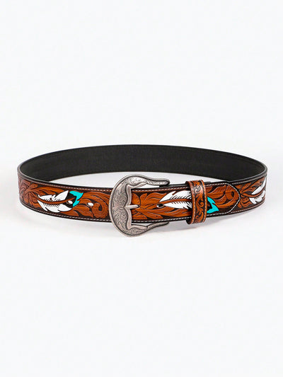 Boho Chic Feather-Embossed Western Leather Belt with Carved Flower Design