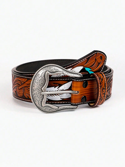 Boho Chic Feather-Embossed Western Leather Belt with Carved Flower Design