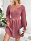 Chic Pearl-Accented Notched Neckline Sweater Dress with Lantern Sleeves