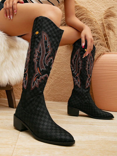 Chic Embroidered Knee-High Cowboy Boots with Pointed Toe & High Heel