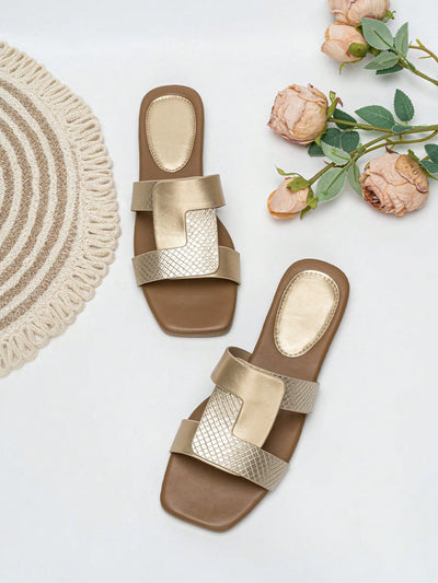 Simple Color Block Flat Sandals with Square Toe for Holiday and Daily Wear