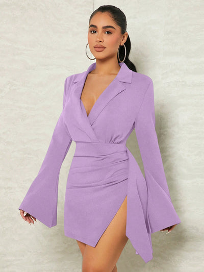 Elegance Redefined: Lapel Collar Ruched Split Hem Dress