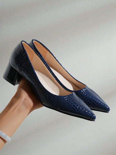 Stone Pattern Light Blue Autumn Shallow Mouth Pumps with Chunky Heel - Women's Fashion