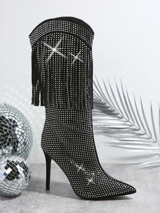 Sparkling Elegance: Rhinestone-Decor Point Toe Stiletto Heeled Boots