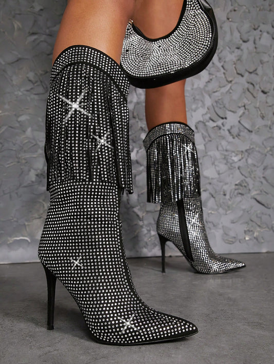 Sparkling Elegance: Rhinestone-Decor Point Toe Stiletto Heeled Boots