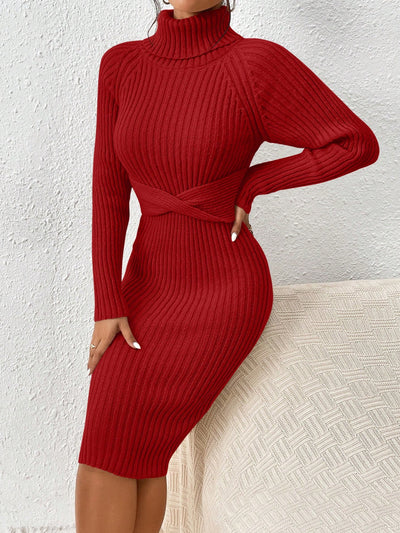 Chic Twist-Front Turtleneck Sweater Dress with Raglan Sleeves