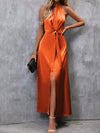 Classic Elegance: Solid Split Hem Belted Halter Dress