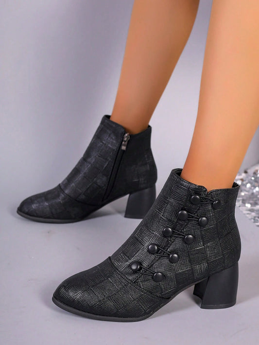 Chic Black Chunky Heel Short Boots for Autumn & Winter: Buckle Detailing, Semi-Round Toe