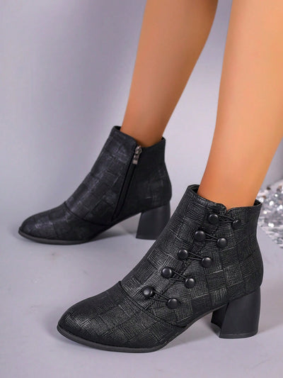 Chic Black Chunky Heel Short Boots for Autumn & Winter: Buckle Detailing, Semi-Round Toe
